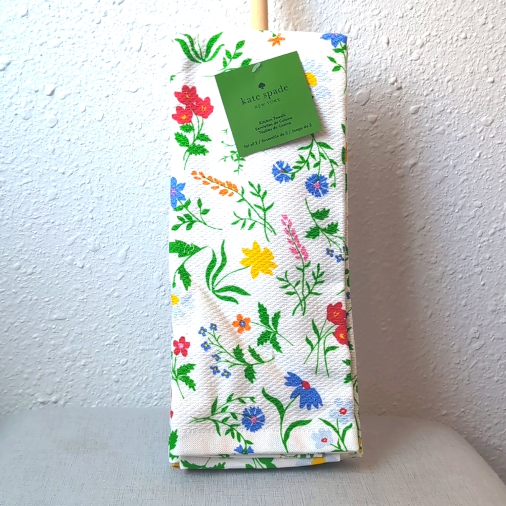 NWT Kate Spade White Multicolor Floral 100% Cotton Kitchen Towel Set of 2